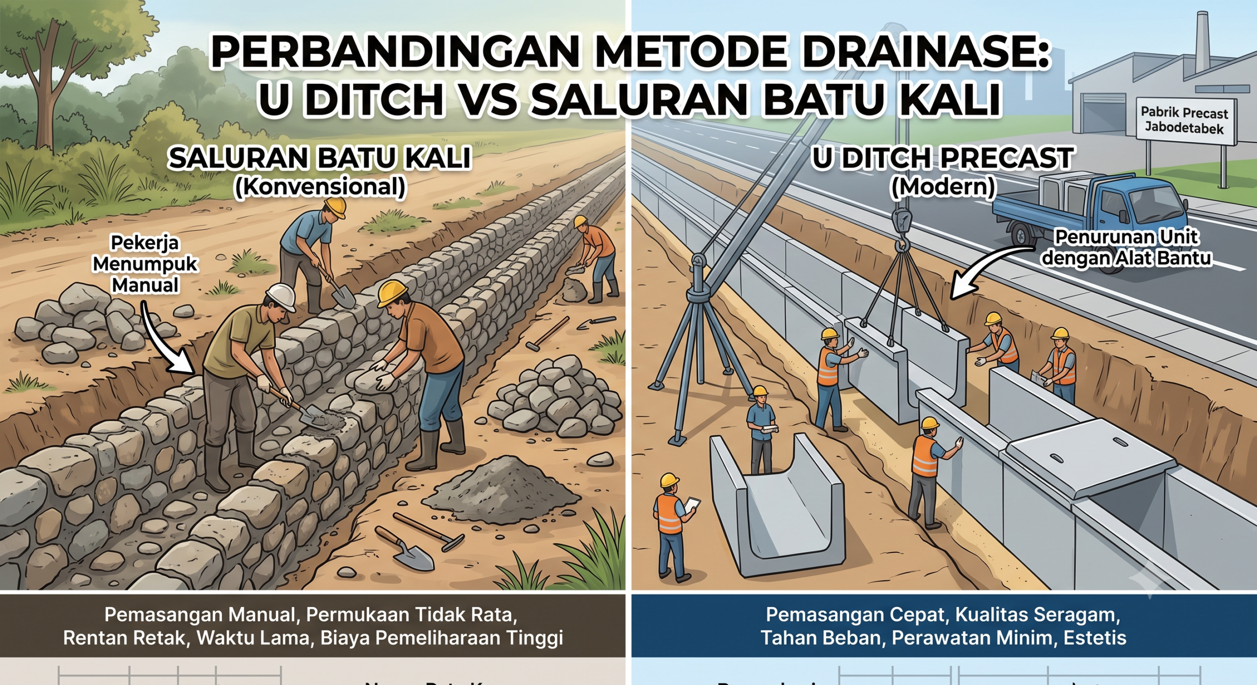 u ditch vs saluran batu kali perbandingan drainase precast