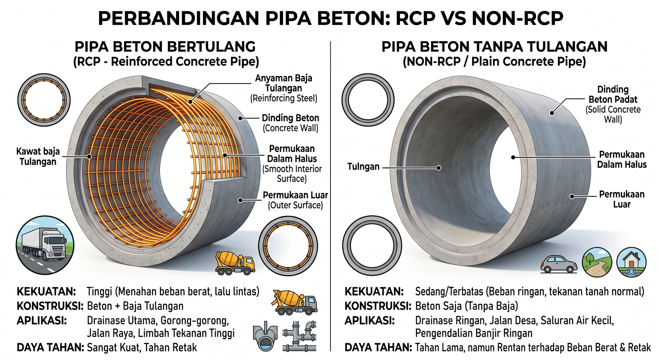 Perbedaan Pipa Beton RCP dan Non-RCP